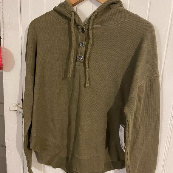 SO Henley Hoodie Army Green Hi Low Thermal Cotton Waffle Shirt, Size Large - Picture 4 of 15